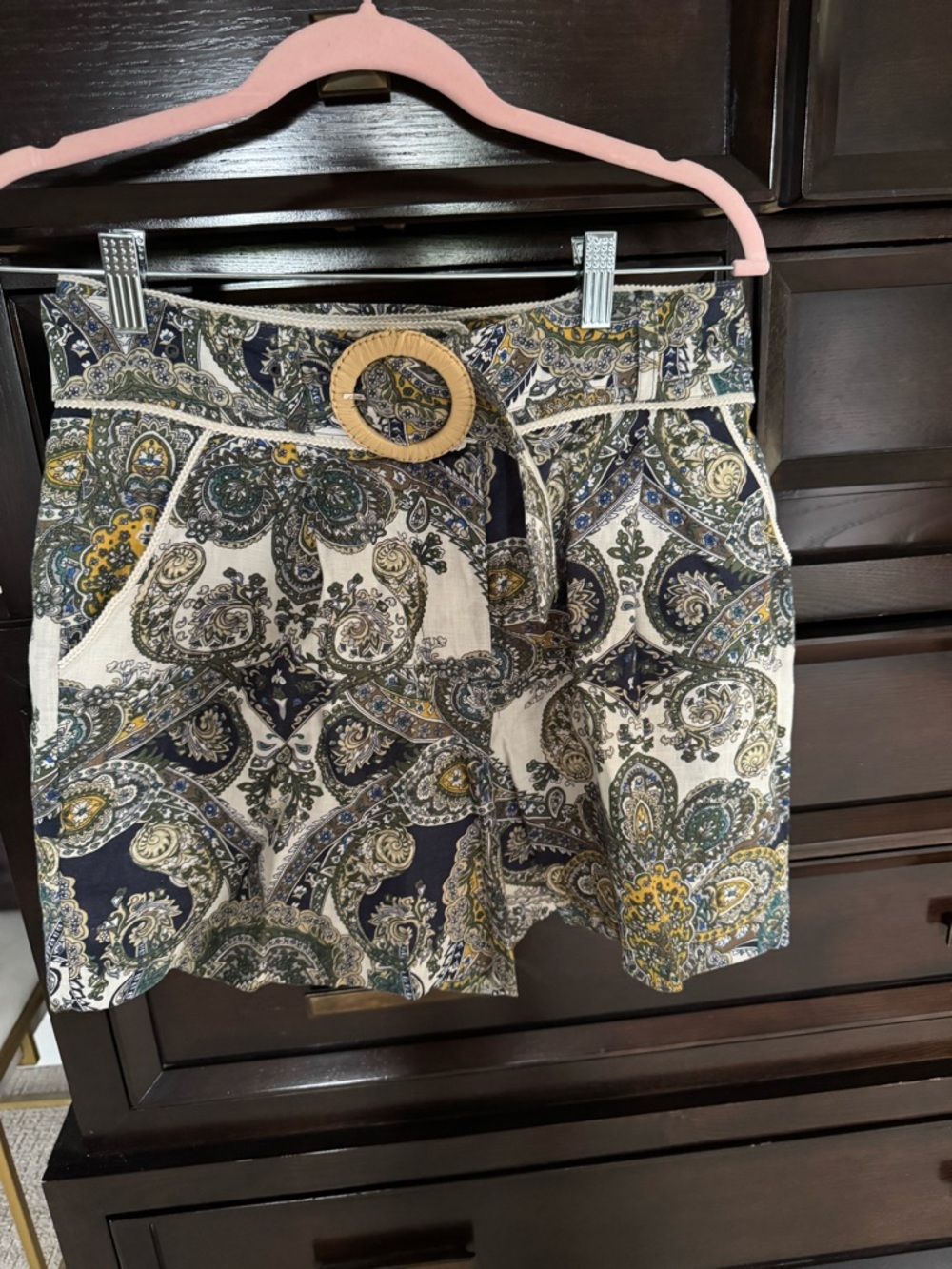 Magaschoni Paisley High-Waist Shorts with Belt - Navy, Cream, Mustard